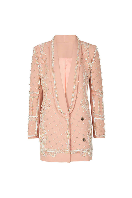  Opulent Rhinestone Beaded Shawl Collar Cinch Waist Long Party Blazer - Blazers - DYAVOR® 