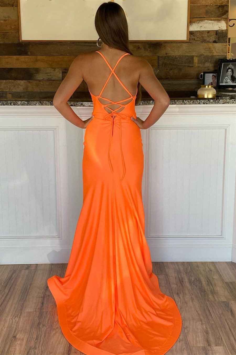  Orange Straps Satin Mermaid Long Prom Dress - prom dress - DYAVOR® 