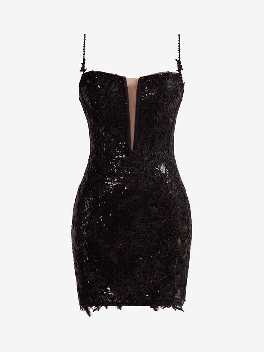  Orla | Black Sheath Spaghetti Straps Sequined Lace Homecoming Dress - Homecoming Dress - DYAVOR® 