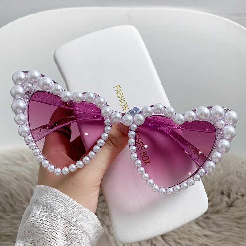  Retro Hip Hop Women's Cat Eye Heart-Shaped Sunglasses with Pearl Decor - Women Sunglasses - DYAVOR® 
