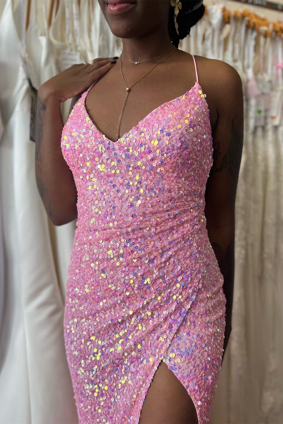  Pink Mermaid V Neck Straps Sequins Pleated Long Prom Dress with Slit - Prom Dresses - DYAVOR® 