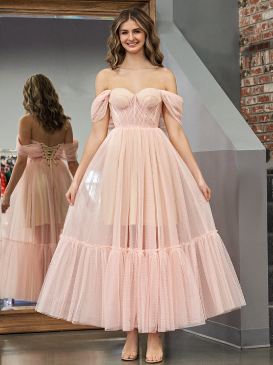  Nova | A-Line Rose Pink Tulle Sweetheart Tea-Length Prom Dress - Homecoming Dress - DYAVOR® 