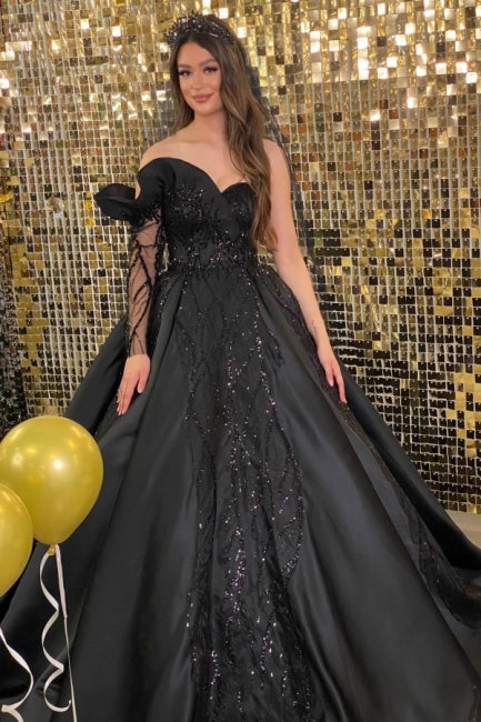  Princess Black Long Sleeve A-line Wedding Dresses With Beads - Prom Dresses - DYAVOR® 