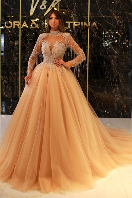  Princess Long Gold High Neck A-line Beading Evening Dresses With Long Sleeves - Prom Dresses - DYAVOR® 