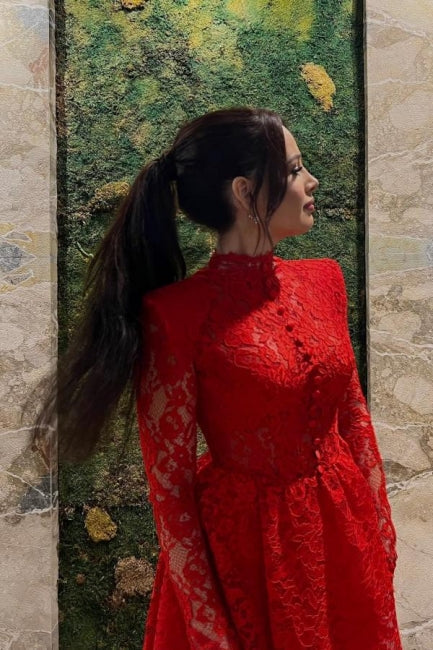  Red A-Line Short Lace Long Sleeve Cocktail Dress Party Dresses - Prom Dresses - DYAVOR® 