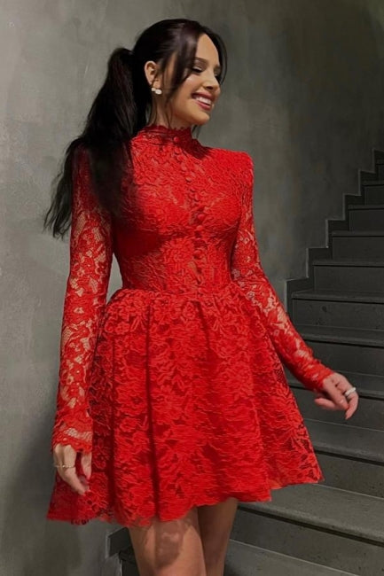  Red A-Line Short Lace Long Sleeve Cocktail Dress Party Dresses - Prom Dresses - DYAVOR® 