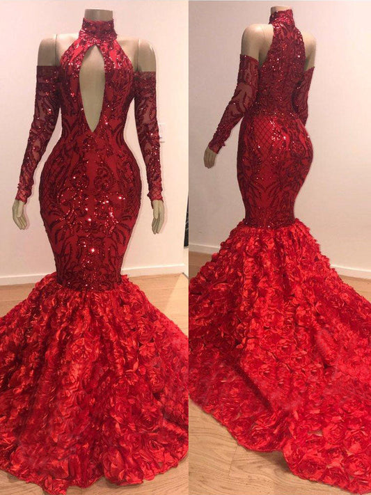  Red Floral Mermaid High Neck Long Sleeve Prom Dresses - Prom Dresses - DYAVOR® 
