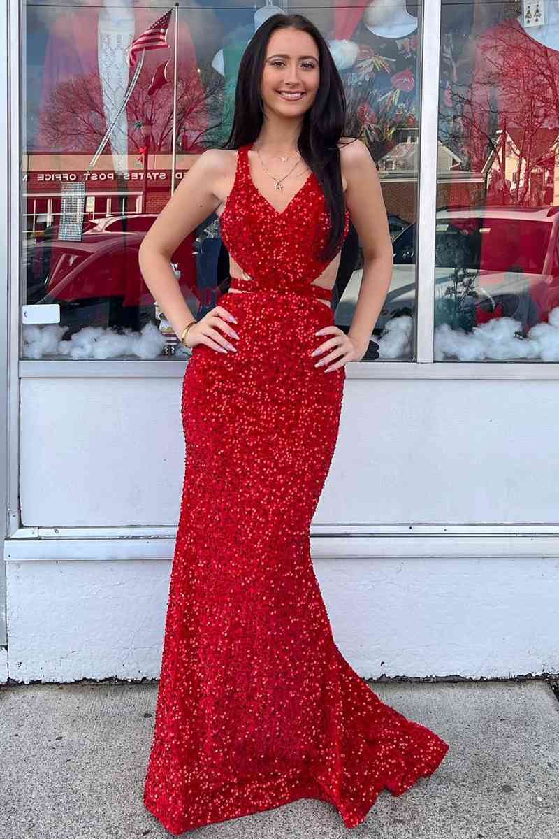  Red Mermaid V Neck Sequins Backless Long Prom Dress - Prom Dresses - DYAVOR® 