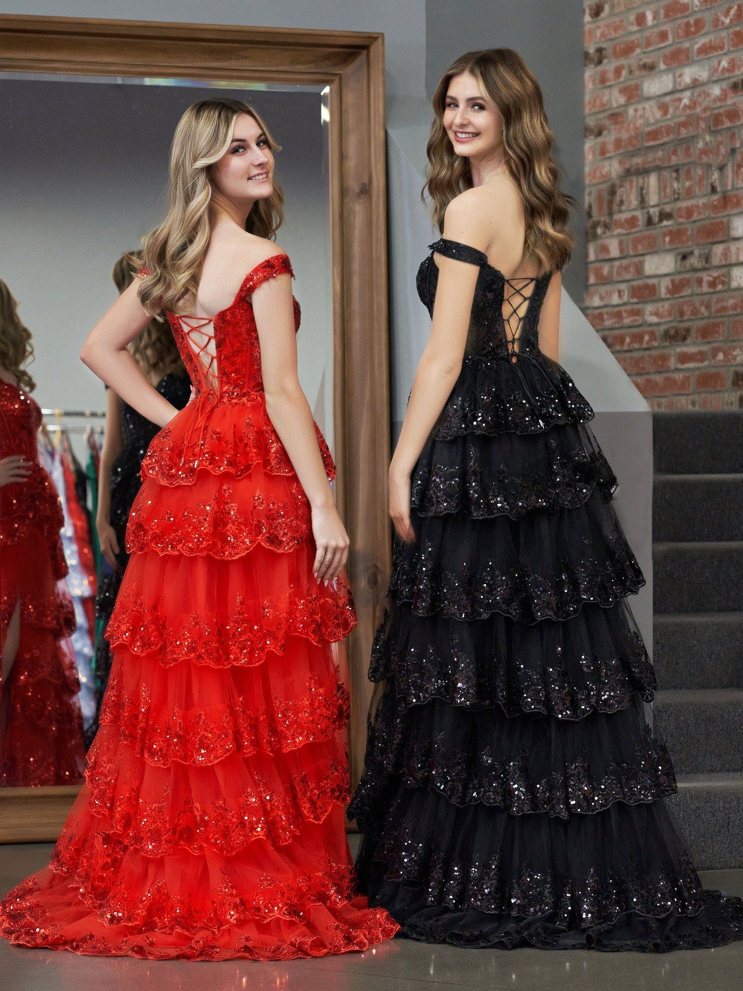 Red Princess A Line Off the Shoulder Corset Prom Dress with Lace Ruffles