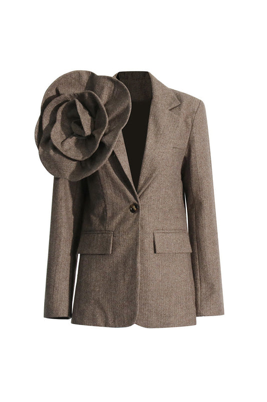  Retro 3D Rosette Embellished Lapel Collar Long Sleeve Herringbone Blazer - Blazers - DYAVOR® 