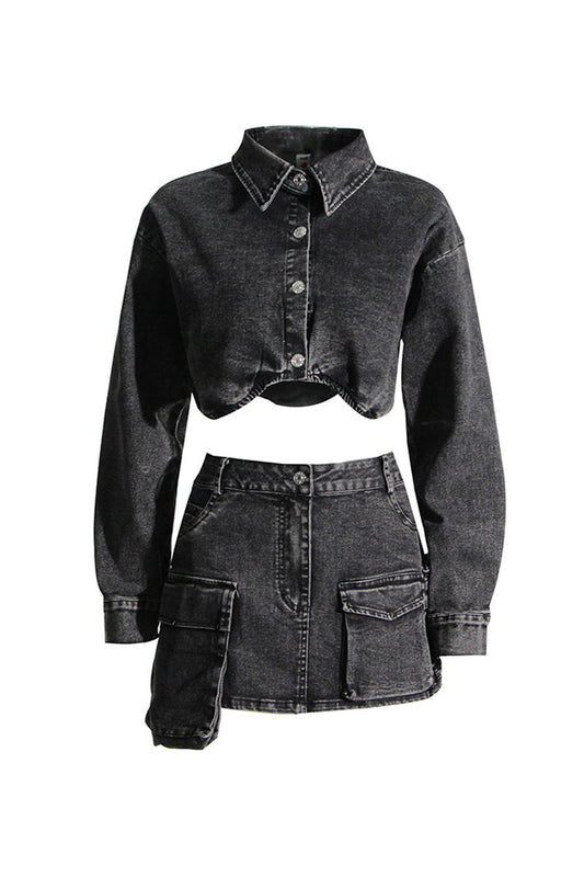  Retro Button Up Crop Jacket Cargo Pocket Two Piece Denim Micro Mini Dress - Two Piece - DYAVOR® 