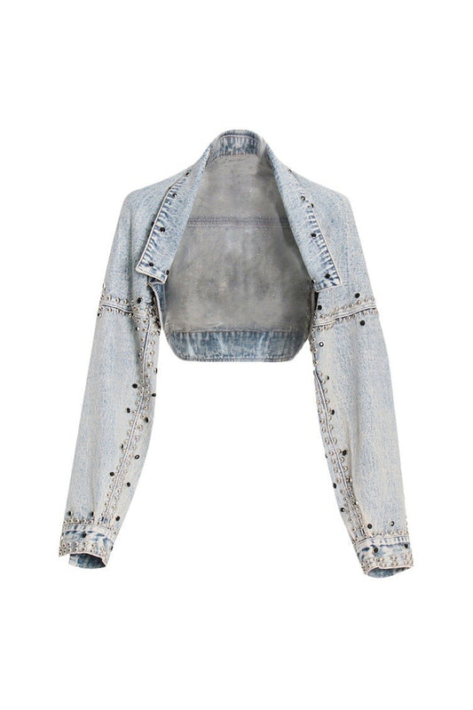  Retro Drop Shoulder Long Sleeve Open Front Studded Crop Denim Bolero Jacket - Denim - DYAVOR® 