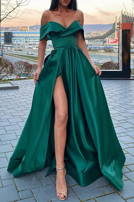  Marina | A-Line Prom Dresses Celebrity Style Dress Christmas Floor Length Short Sleeve V Neck Satin with Slit - Prom Dress - DYAVOR® 