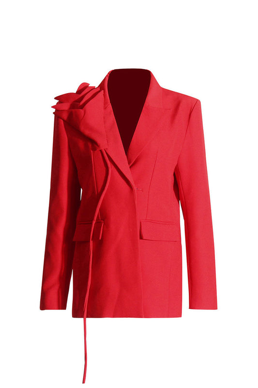  Romantic Rosette Embellished Lapel Padded Long Sleeve Long Boxy Blazer - Blazers - DYAVOR® 
