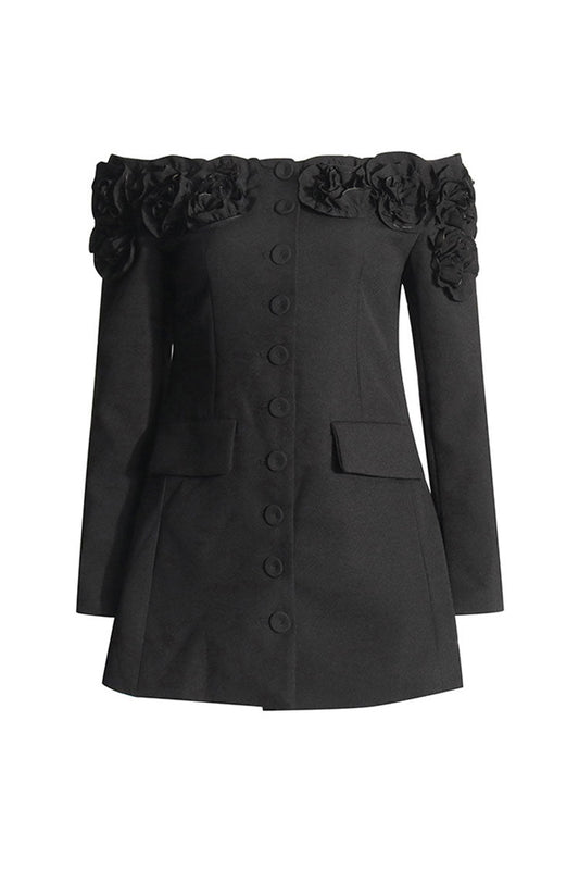  Romantic Rosette Off Shoulder Long Sleeve Single Breasted Cinch Waist Blazer - Blazers - DYAVOR® 