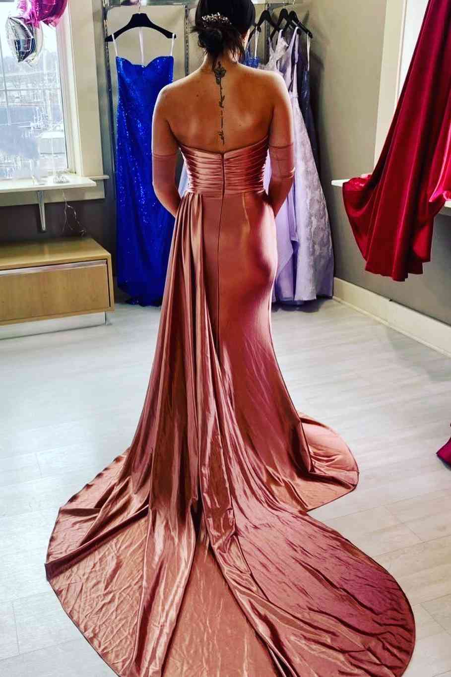  Fuchsia Strapless Mermaid Satin Pleated Long Prom Dress - prom dress - DYAVOR® 