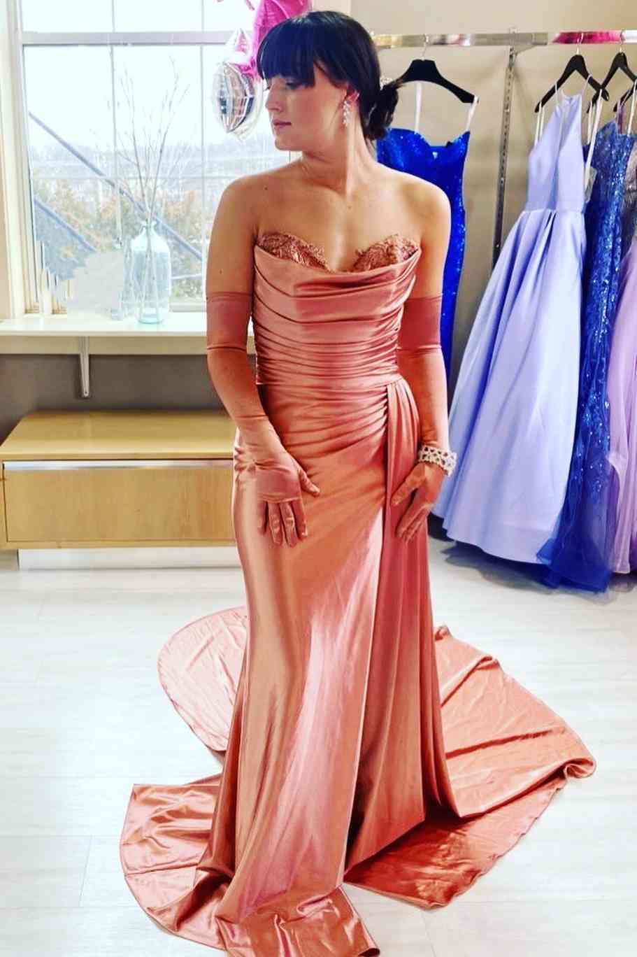  Fuchsia Strapless Mermaid Satin Pleated Long Prom Dress - prom dress - DYAVOR® 