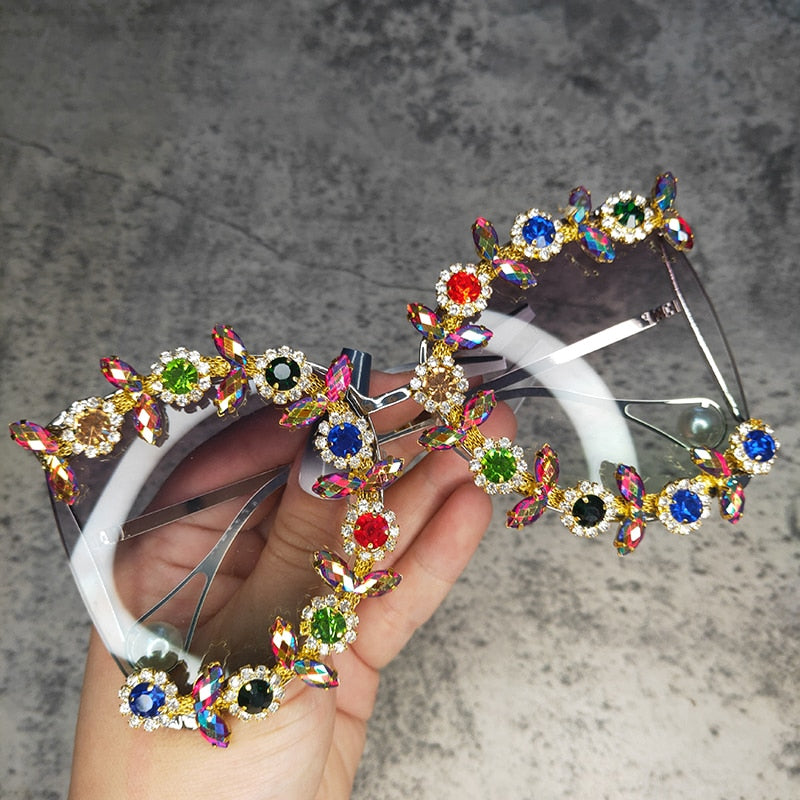  Women's Vintage Round Pearl Oversized Bling Diamond Sunglasses - Women Sunglasses - DYAVOR® 
