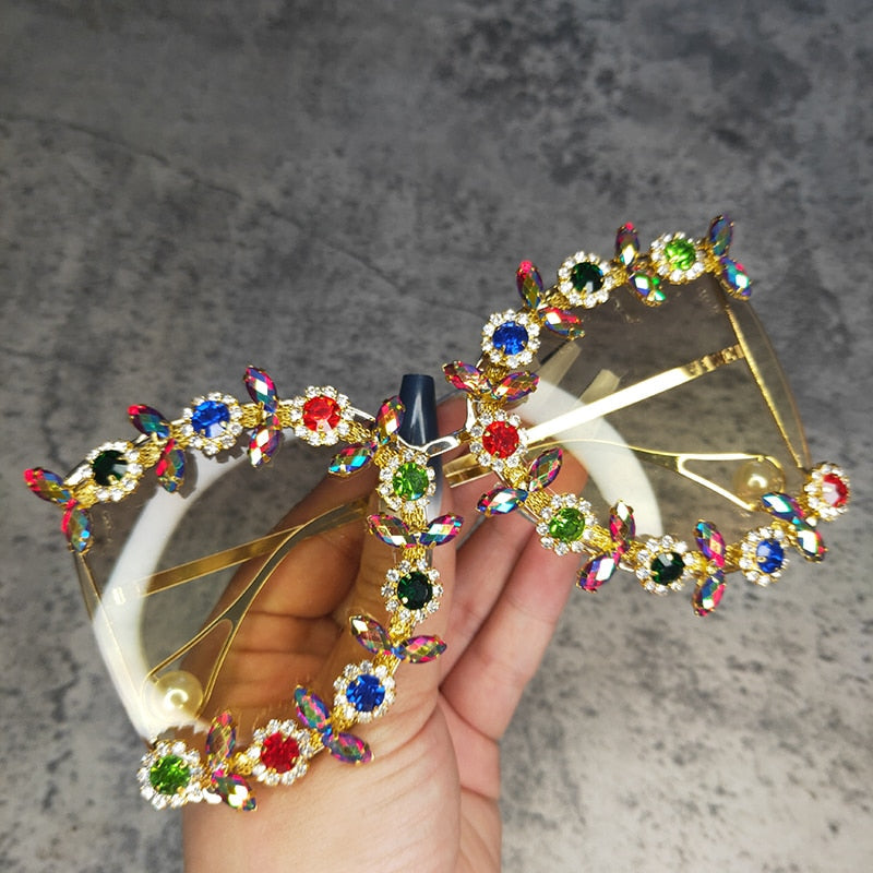  Women's Vintage Round Pearl Oversized Bling Diamond Sunglasses - Women Sunglasses - DYAVOR® 
