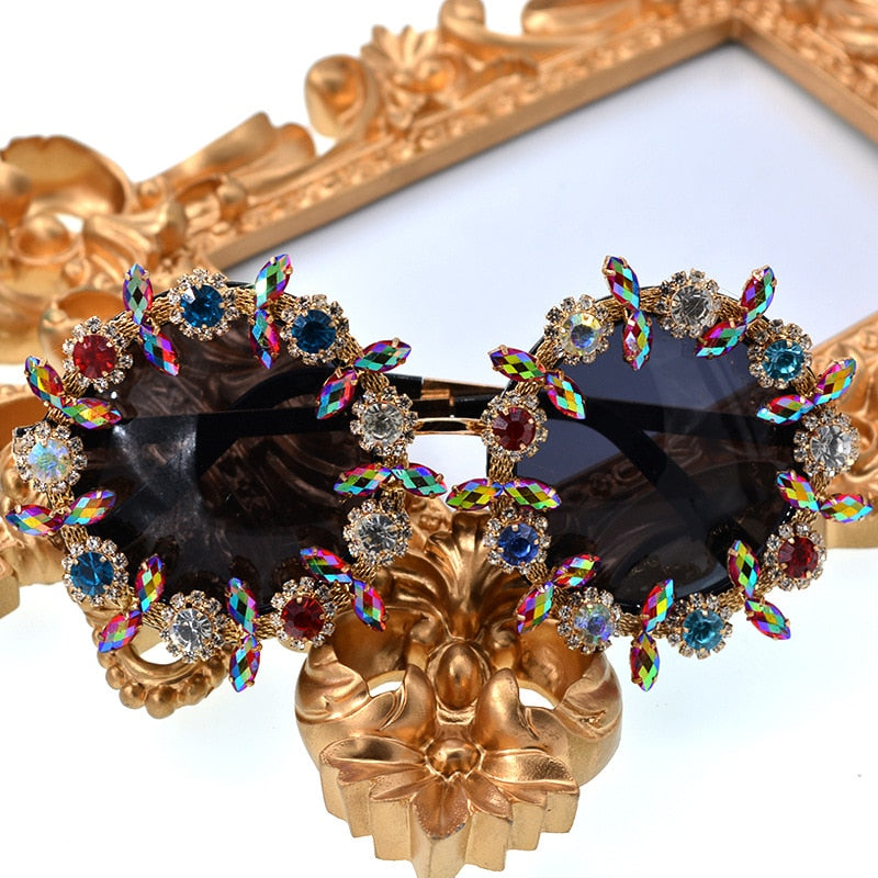  Women's Round Rhinestone Flower Designer Luxury Crystal Sunglasses - Women Sunglasses - DYAVOR® 
