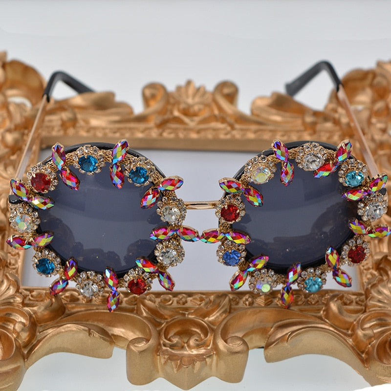  Women's Round Rhinestone Flower Designer Luxury Crystal Sunglasses - Women Sunglasses - DYAVOR® 