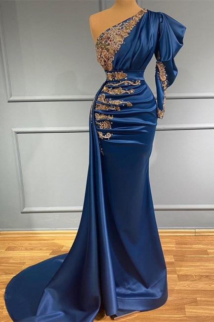  Royal Blue Asymmetric One Shoulder Stretch Satin Prom Dress with Appliques - Prom Dresses - DYAVOR® 