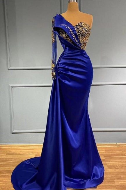  Royal Blue Long One Shoulder Mermaid Prom Dresses with Sleeves - Prom Dresses - DYAVOR® 