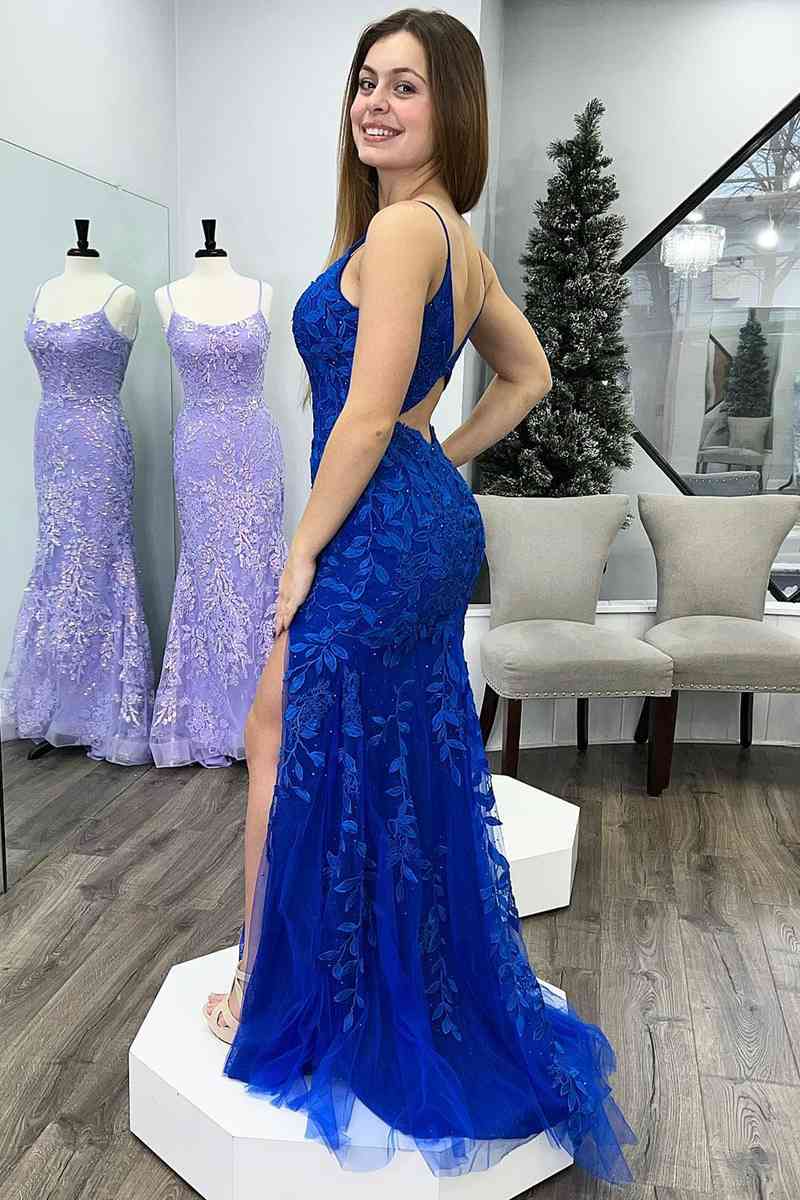  Royal Blue Mermaid Deep V Neck Tulle Applique Long Prom Dress - Prom Dresses - DYAVOR® 