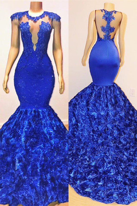  Royal Blue Mermaid Sexy Flowers Sleeveless Sheer Evening Dress - Prom Dresses - DYAVOR® 
