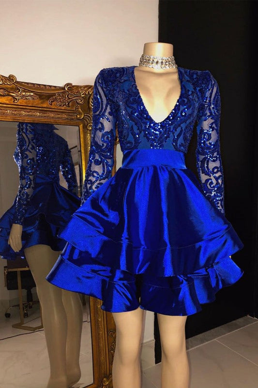 Royal Blue V-neck Long Sleeves Knee Length A-line Party Party Dresses - Prom Dresses - DYAVOR® 