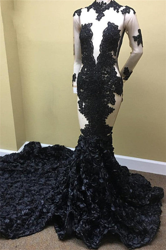  Sexy Black Long Sleeve Prom Dress Lace Evening Gown With Flowers Bottom - Prom Dresses - DYAVOR® 