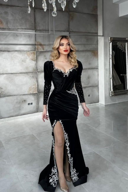  Sexy Black Sequined Column Appliques Long Sleeves Split Front Floor-length Prom Dresses - Prom Dresses - DYAVOR® 