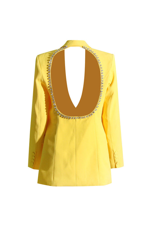  Sexy Cutout Back Rhinestone Trim Long Sleeve Cinched Waist Party Blazer - Blazers - DYAVOR® 