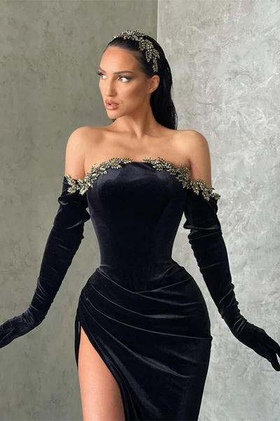  Sexy Long Black Off-the-shoulder Long Sleeves Mermaid Prom Dress With Slit - Prom Dresses - DYAVOR® 