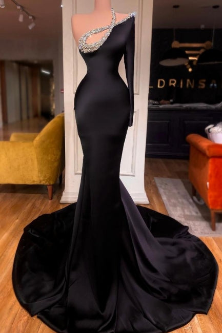  Sexy Long Black One Shoulder Long Sleeve Mermaid Prom Dresses with Glitter - Prom Dresses - DYAVOR® 