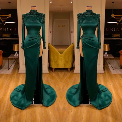  Sexy Long Dark Green High Neck Long Sleeves Beading Prom Dress With Slit - Prom Dresses - DYAVOR® 