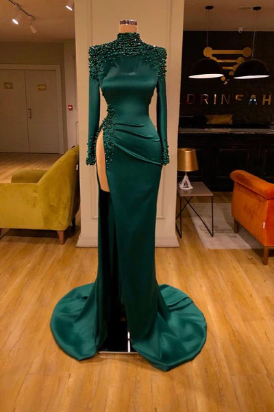  Sexy Long Dark Green High Neck Long Sleeves Beading Prom Dress With Slit - Prom Dresses - DYAVOR® 