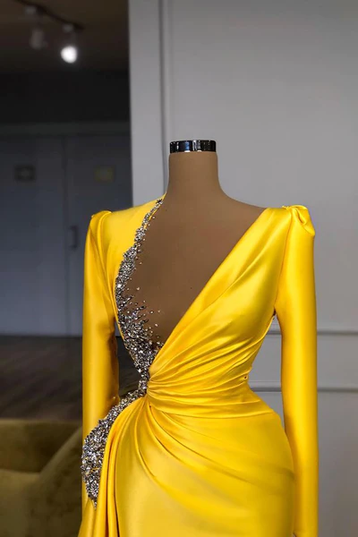  Sexy Long Yellow V-neck Sequined Split Prom Dress With Long Sleeves - Prom Dresses - DYAVOR® 