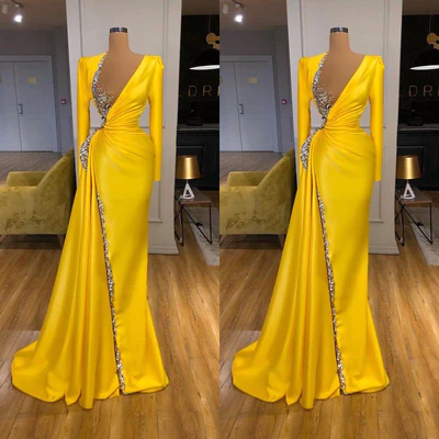 Sexy Long Yellow V-neck Sequined Split Prom Dress With Long Sleeves - Prom Dresses - DYAVOR® 