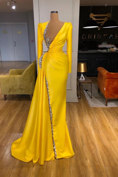  Sexy Long Yellow V-neck Sequined Split Prom Dress With Long Sleeves - Prom Dresses - DYAVOR® 