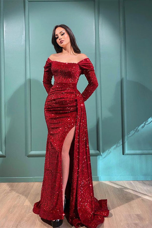  Sexy Off The Shoulder Front-Split Prom Dresses With Long Sleeves - Prom Dresses - DYAVOR® 