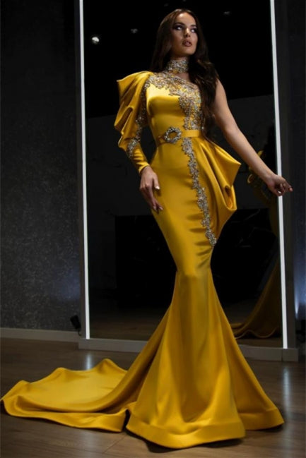  Sexy One Puffy Sleeves Satin Mermaid Prom Dress with Glitter Crystals - Prom Dresses - DYAVOR® 