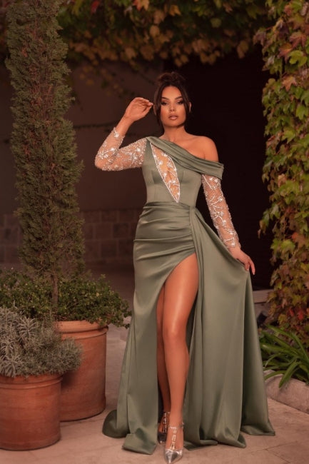  Sexy One Shoulder Beading Split Evening Dresses Long Prom Dresses With Long Sleeves - Prom Dresses - DYAVOR® 