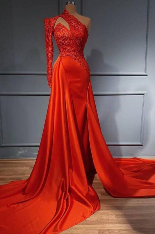  Sexy One Shoulder High Neck Silk Satin Glitter Floral Patterns Slim Mermaid Evening Dress with Detachable Train - Prom Dresses - DYAVOR® 