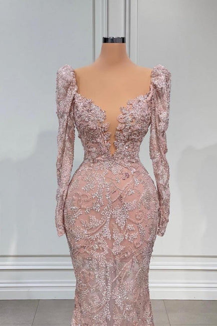  Sexy Pink V-neck Long Sleeves Lace Mermaid Prom Dress Evening Gowns - Prom Dresses - DYAVOR® 