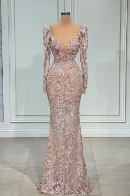  Sexy Pink V-neck Long Sleeves Lace Mermaid Prom Dress Evening Gowns - Prom Dresses - DYAVOR® 