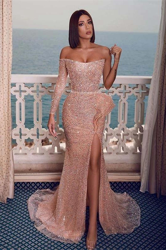  Sexy Sparkly Champagne Rose One-shoulder Side-slit Mermaid Long Prom Dresses - Prom Dresses - DYAVOR® 