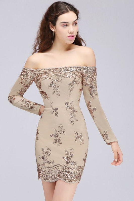 Sheath Off-the-Shoulder Nude Pink Homecoming Dresses with Sequins - Prom Dresses - DYAVOR® 