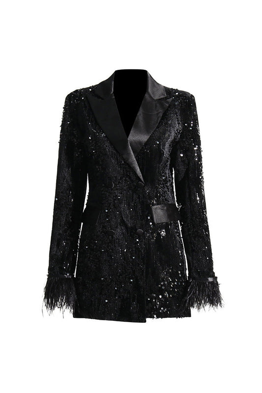  Silky Satin Lapel Feather Trim Long Sleeve Cinch Waist Sequin Party Blazer - Blazers - DYAVOR® 