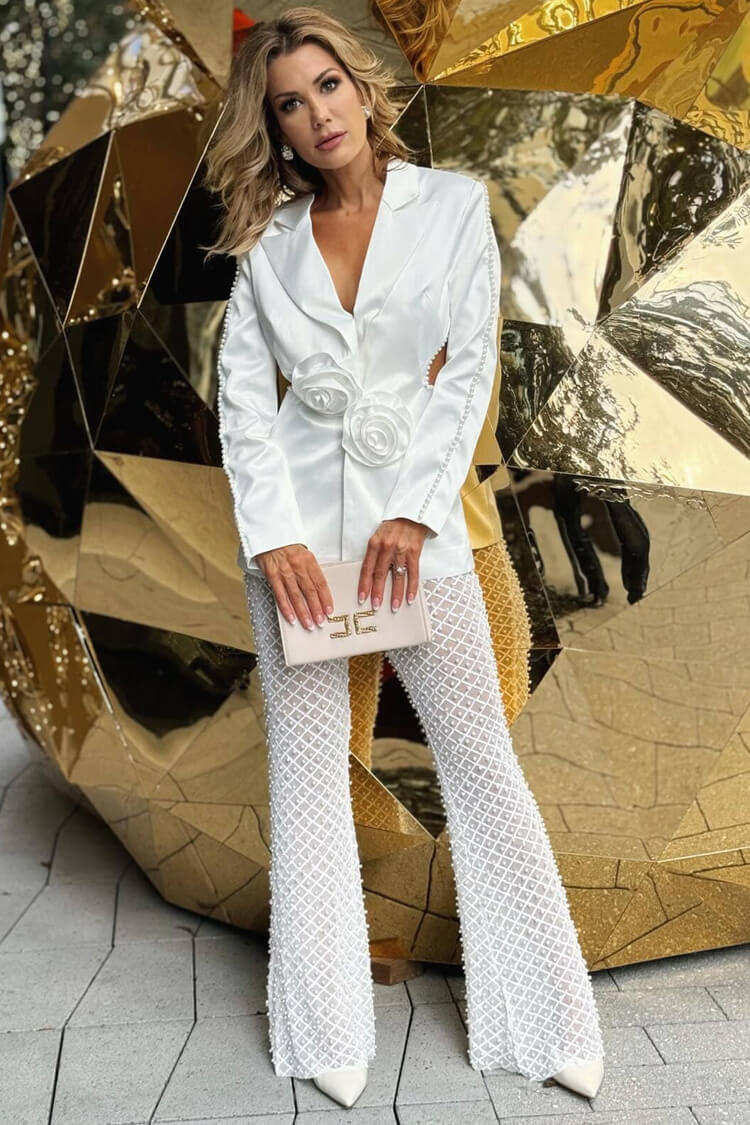  Silky Satin Rosette Applique Faux Pearl Lapel Cutout Cinch Waist Blazer - Blazers - DYAVOR® 